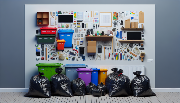 UK house clearance featuring heavy-duty waste bags and colour-coded containers for sorting items.