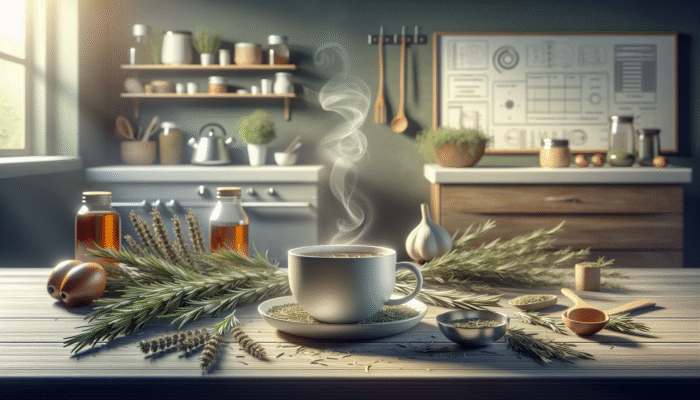 A steaming cup of rosemary infusion with fresh and dried leaves, symbolising natural diabetes management.