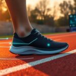 At sunrise on the track, a person wearing high-tech running shoes with digital indicators stands ready. Nearby, "CES 2025" glows on a distant screen. These could be Xero Shoes engineered for enhanced sensation, offering an advantage even to those facing neuropathy.