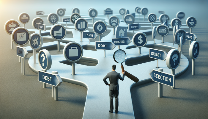 How to Succeed with a Debt Consolidation Loan: A Guide to Financial Freedom | DCL Person at a crossroads analysing loan options with a magnifying glass under a clear sky.
