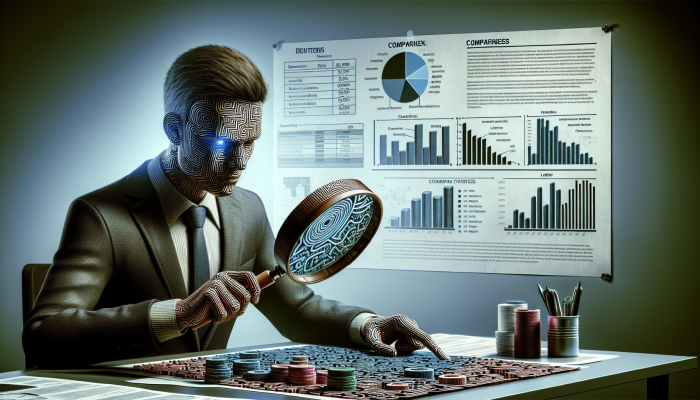 How to Succeed with a Debt Consolidation Loan: A Guide to Financial Freedom | DCL Person using a magnifying glass to examine a loan document, highlighting fees in an office with lender comparison charts.