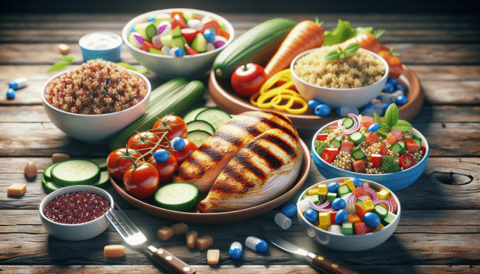 Grilled chicken, quinoa salad, and colorful vegetables on a rustic table, symbolising diabetes-friendly lunch options.