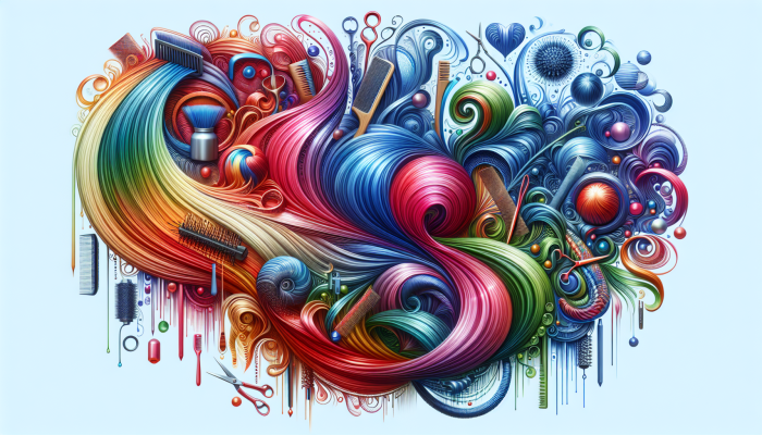 Vibrant abstract of innovative hair styling techniques with colourful, flowing hair and creative tools.