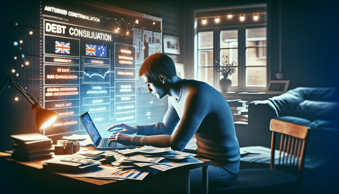 Debt Consolidation With Variable Interest Rates: A Comprehensive Guide | DCL A person researching debt consolidation on a laptop amidst financial documents in a cozy UK home office.