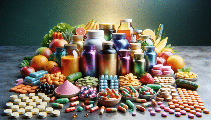 A vibrant display of dietary supplements on a table, accompanied by fruits and vegetables in the background.