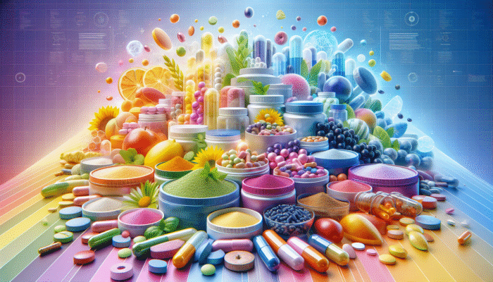 A vibrant display of dietary supplements in various forms such as capsules, tablets, and powders against a colourful background.