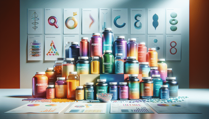 A collection of specialty supplement bottles featuring probiotics, omega-3, and protein powders on a health-conscious backdrop.