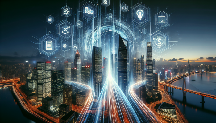 Futuristic cityscape with fintech logos on skyscrapers, data streams symbolising efficient debt consolidation.