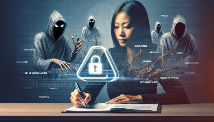 Person signing fintech loan, shadowy figures symbolise regulatory gaps and predatory risks.
