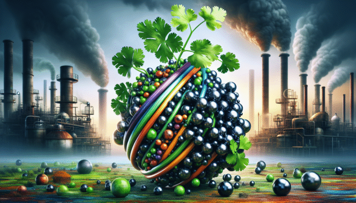 Illustration of cilantro leaves binding and extracting heavy metals in an industrial setting.