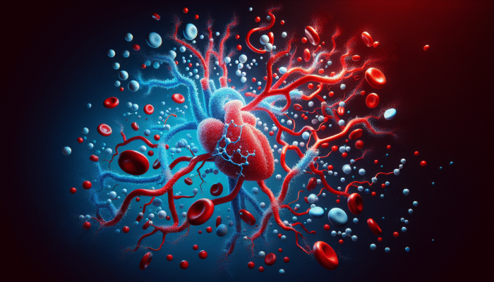 Illustration of nitric oxide molecules enhancing cardiovascular health in blood vessels, featuring red and blue colours.