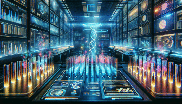 A futuristic laboratory with glowing test tubes and digital displays showcasing protein absorption data.