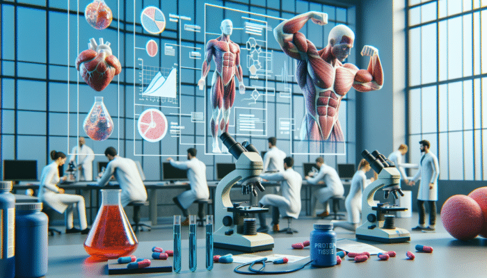 Researchers examining muscle tissue samples under microscopes, with charts and protein supplements on the side.