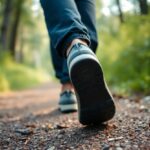 A close-up view of a person walking on a gravel path in a forest, showcasing the sole of one shoe and the lower part of their trousers. The surroundings are lush and slightly out of focus.