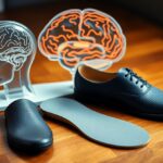 A pair of black dress shoes with removable insoles are situated on a wooden floor, accompanied by transparent anatomical models of a human brain and head in the background.