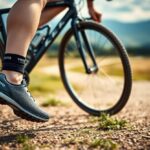 An individual in athletic shoes and an ankle strap stands beside a bicycle on a gravel path, with grassy fields and distant hills in the background under a partly cloudy sky.