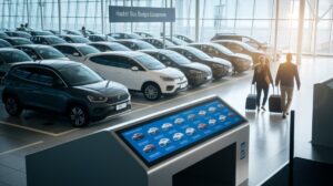 A modern car rental centre with rows of parked vehicles inside a bright, glass-walled building. Two travellers with suitcases walk towards the cars, while a digital kiosk provides hassle-free booking options. Sunlight streams in from large windows.