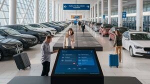 In a brightly lit car rental facility, travellers with bags enhance their booking experience at a large touchscreen kiosk. Rows of parked cars line both sides, overhead signs offer directions in multiple languages, and natural light pours into the space.