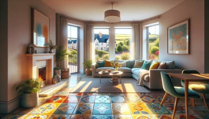 Welcoming living room showcasing vibrant, spotless ceramic tile floors in Stirling, enhancing warmth and spaciousness.