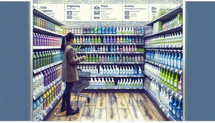 Individual choosing eco-friendly, pH-neutral tile cleaners in a well-organised Stirling store.