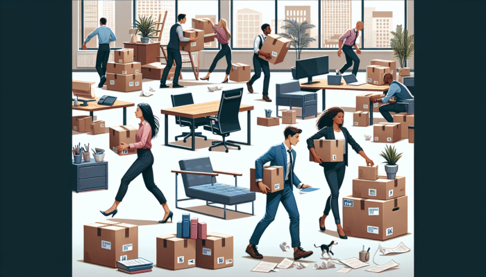 Workers packing and moving office furniture urgently, with signs indicating extra fees for urgent services and specialised disposal in a modern UK office.