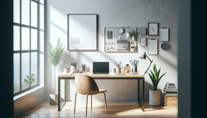 A minimalist desk featuring a laptop, plant, and office supplies in a bright, airy room with large windows.