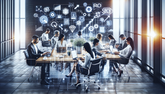 Entrepreneurs and SMEs using digital devices in a modern office, implementing SEO strategies that result in improved website rankings.