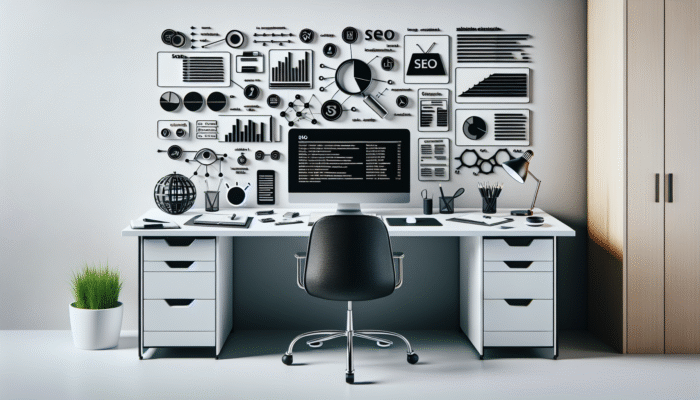 A minimalist desk with a computer displaying SEO analytics, featuring tools like Yoast and Google Keyword Planner, focusing on content creation and link building.