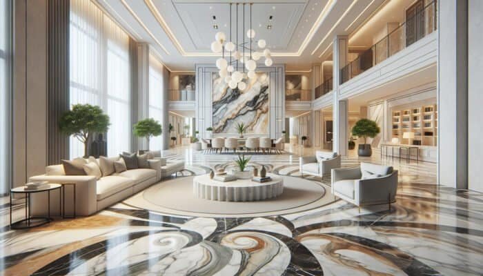 A luxurious Midlothian home interior with Carrara, Calacatta, and Statuario marble showcasing their unique patterns and colours.