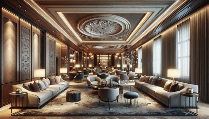 Stylish interior of Franklin Lounge Delano showcasing high ceilings, comfortable sofas, and cosy seating in deep hues and soft accents.