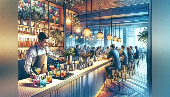 Skilled mixologists at Franklin Lounge Delano crafting colourful, unique cocktails using seasonal ingredients.