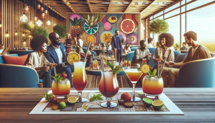 Vibrant non-alcoholic mocktails with fruits and herbs at Franklin Lounge Delano, enjoyed by diverse patrons in a lively daytime setting.