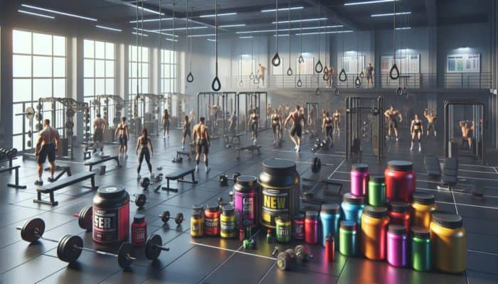 New weightlifters in a modern gym surrounded by essential supplements like protein powders and energy drinks.