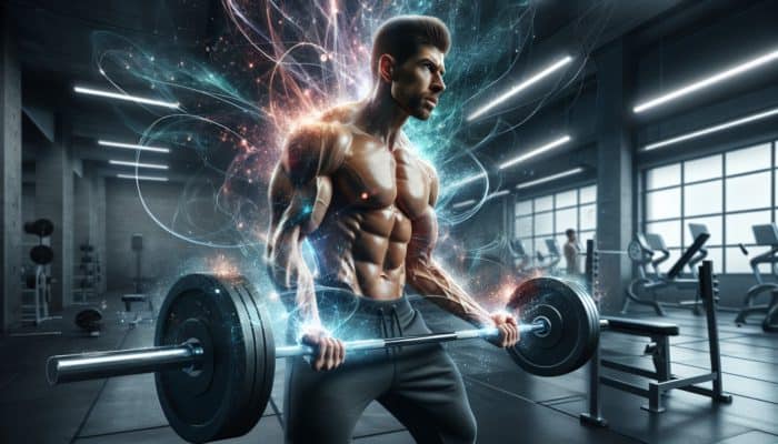 A muscular athlete lifting weights with a glowing energy aura, symbolising creatine's performance enhancement.