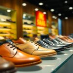 A display of men's dress shoes showcasing Indonesian quality shoes in various styles and colours such as brown and black on a glass shelf in a well-lit shoe store. Shelves in the background hold more options, while a red "50% SALE" sign is partially visible.