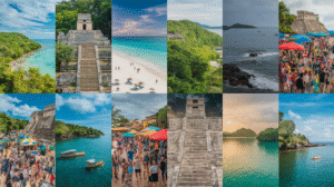 A collage of 12 images depicting beaches, ancient stone ruins, lush green landscapes, ocean vistas, bustling festivals with market stalls, boats on the water, and people enjoying sandy shores under clear and partly cloudy skies—ideal for a Belize travel guide.