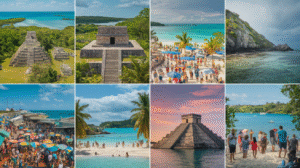 A collage of eight images featuring ancient Mayan ruins, crowded beaches, crystal clear turquoise waters, a vibrant marketplace with colourful umbrellas, tourists, and tropical landscapes under Belize's sunny and partly cloudy skies.