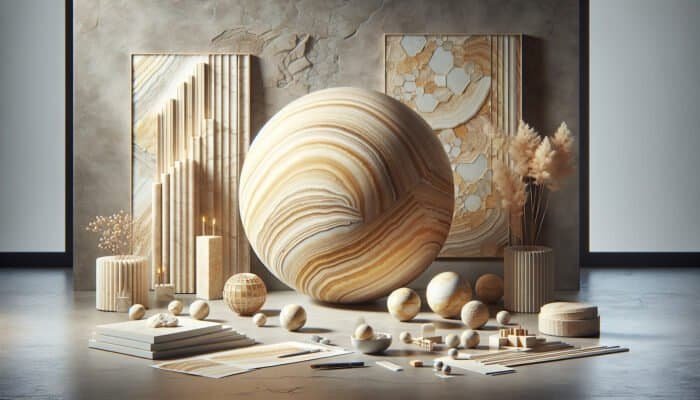 Elegant travertine stone with layered structure and natural pockmarks, in creamy beige to deep gold colours.