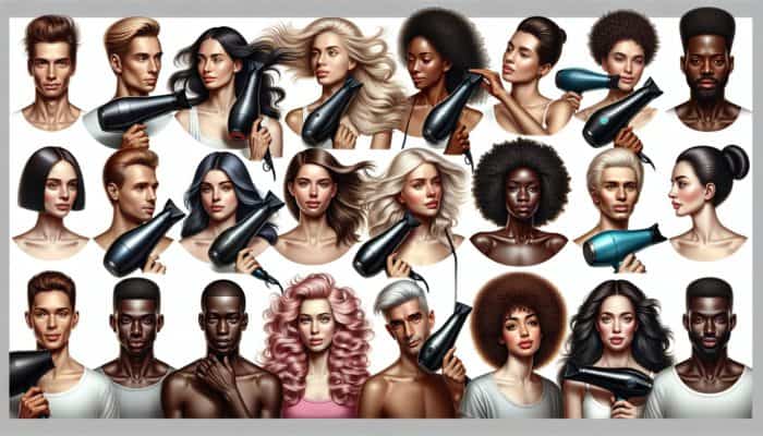 Diverse group using ionic hair dryers, demonstrating volume, smoothness, and enhanced curls with reduced frizz.