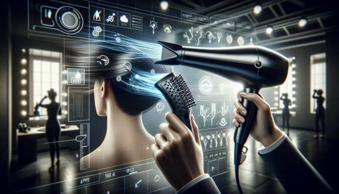 Individual styling hair with a sleek, lightweight ionic dryer featuring multiple settings on a contemporary interface.