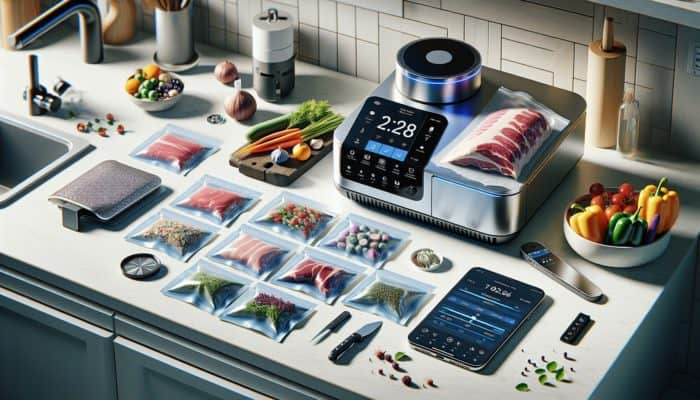 Essential tools for sous vide cooking: precision cooker, vacuum-sealed bags, digital thermometer, and smartphone app on a kitchen countertop.