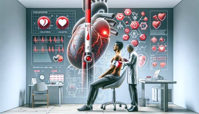 Individual undergoing cholesterol test at clinic, results indicate elevated levels, surrounded by heart health information.