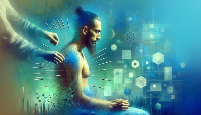 A serene person receiving acupuncture, surrounded by calming colours, symbolising recovery from burnout.