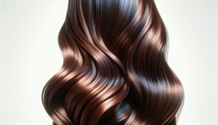 Glossy hair with enhanced shine from Moroccan argan and grapeseed oils, reflecting light brilliantly.