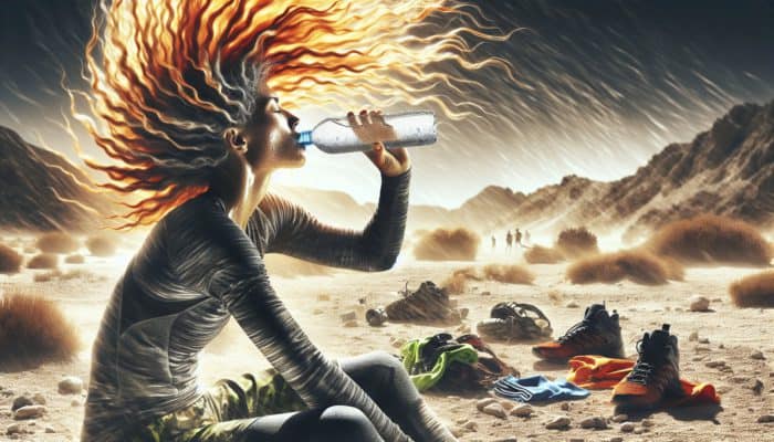 Individual sipping water in a hot, dry setting, surrounded by athletic gear, showcasing healthy, vibrant hair.