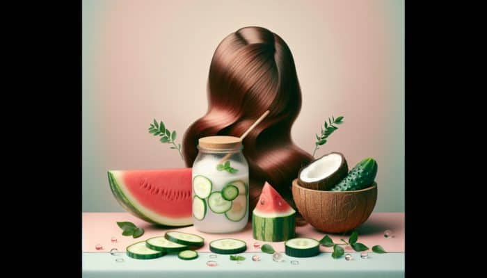 A still life arrangement of watermelon, cucumber, and coconut water surrounding healthy hair against a pastel background.