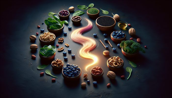A still life of blueberries, nuts, and leafy greens like spinach and kale surrounding a glowing hair strand, symbolising hair health.