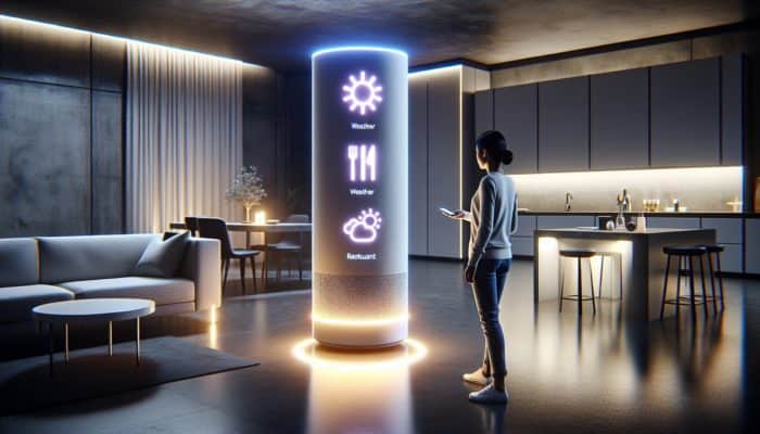 Optimising for Conversational Voice Queries: A person utilising voice commands to inquire about weather and restaurant recommendations within a futuristic smart home.