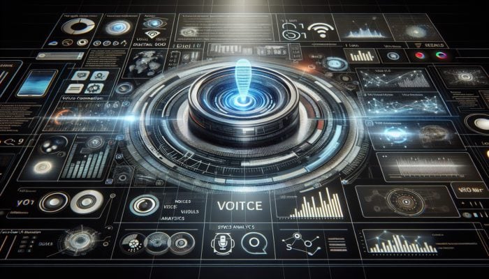 Futuristic digital interface illustrating voice search optimisation elements such as SEO analytics and voice command icons.