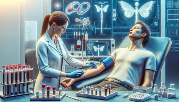 A technician drawing blood from a patient's arm in a medical lab, with thyroid test equipment and health posters.